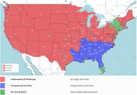 NFL TV Schedule and Maps: Week 1, 2022. September 11, 2022. All listings are unofficial and subject to change. Check back often for updates. NATIONAL BROADCASTS; Thursday Night: Buffalo @ LA Rams (NBC) Sunday Night: Tampa Bay @ Dallas (NBC) Monday Night: Denver @ Seattle (ESPN/ABC) CBS EARLY